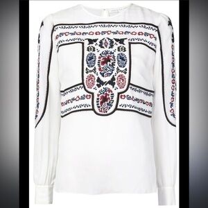 Veronica Beard Tobie Boho Silk White Blouse with Red and Blue Embroidery Size 6